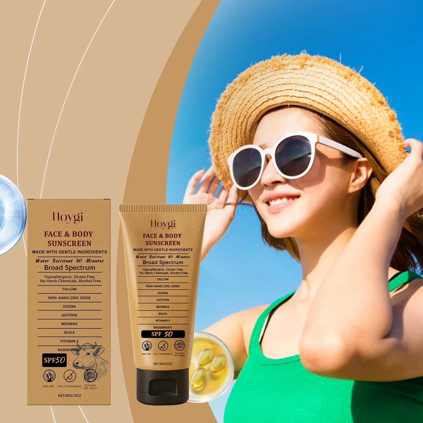 Hoygi Beef Tallow Sunscreen Cream SPF50 For Face And Body