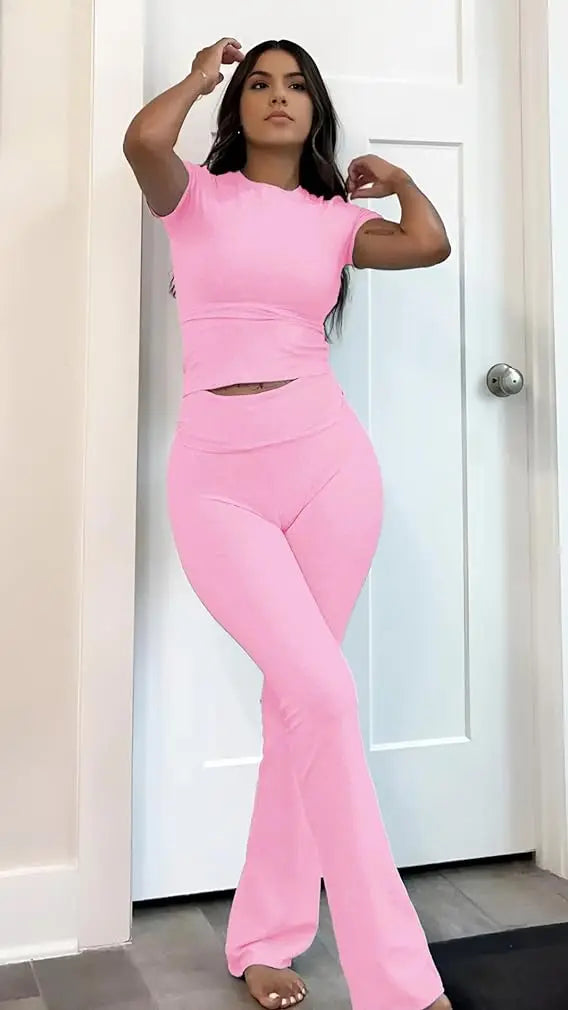 Womens Two-Piece Yoga Set Short Sleeve Top and Flared Pants