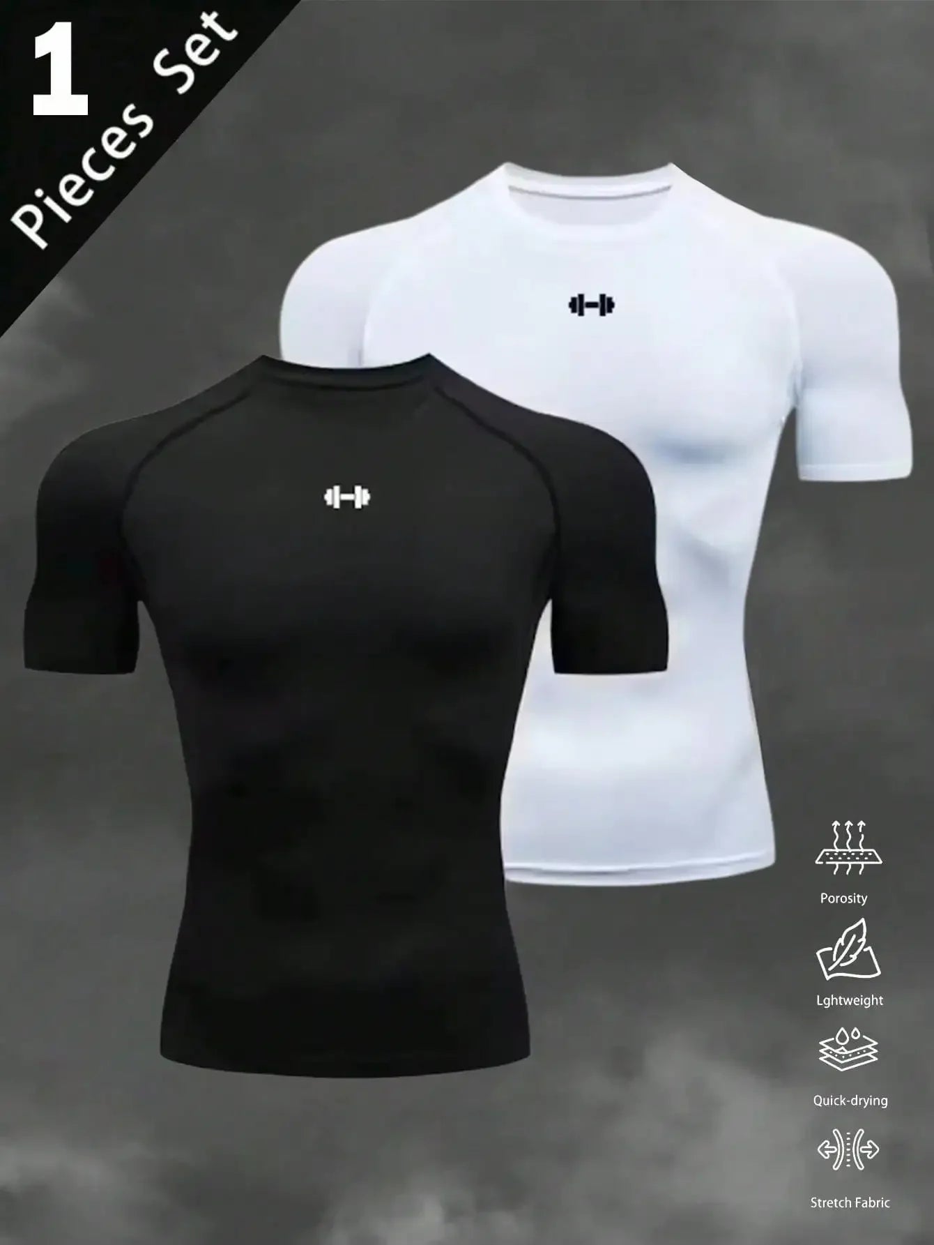 Mens Barbell Print Raglan Short Sleeve Compression Gym T Shirt