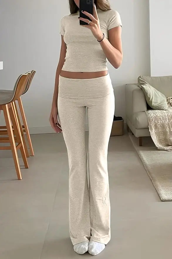 Womens Two-Piece Yoga Set Short Sleeve Top and Flared Pants