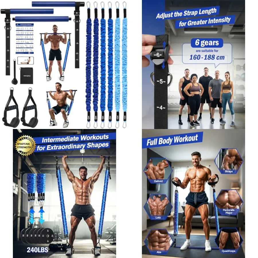 Pilates Bar Kit With Resistance Bands Natural Latex Stainless Steel