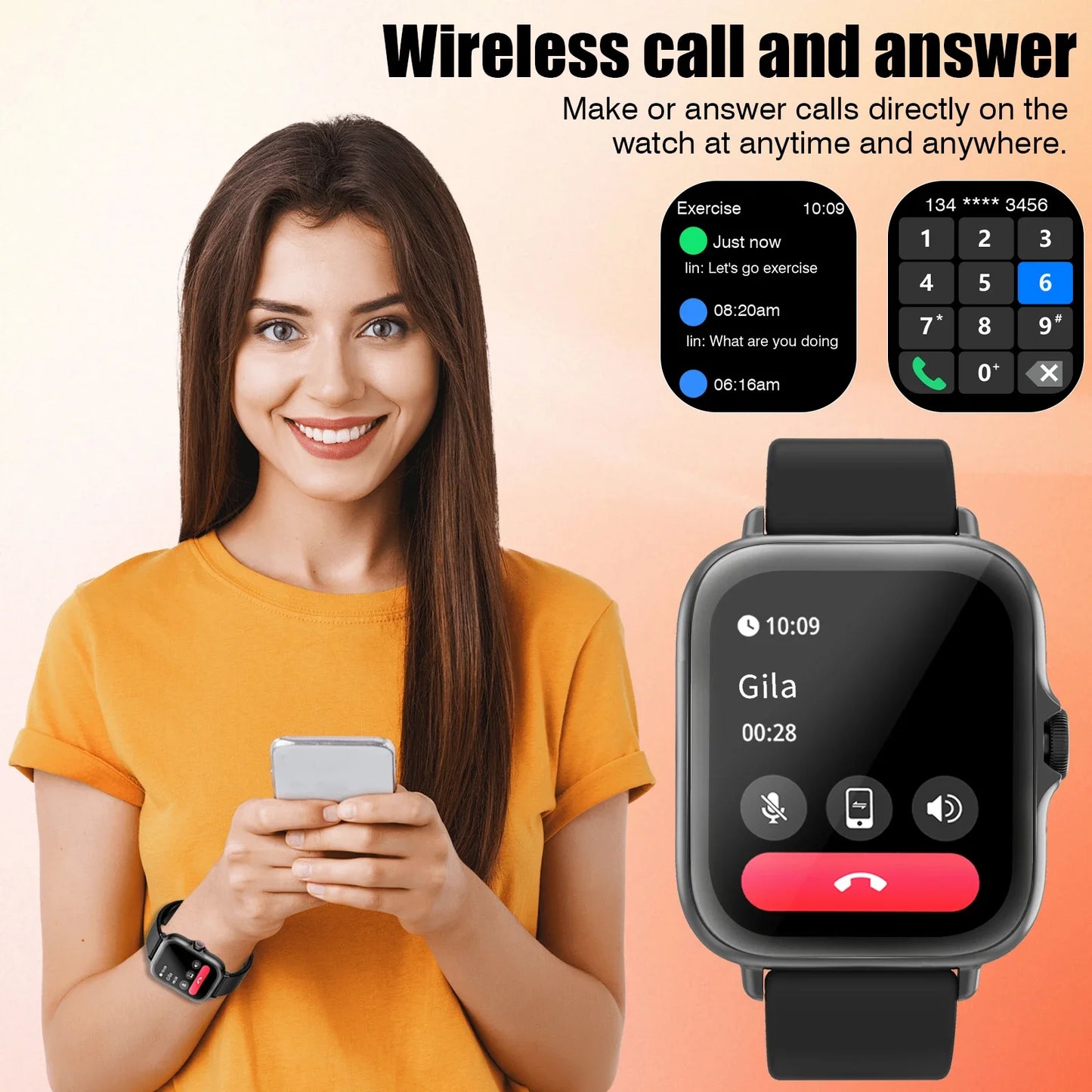 Odelettevcy Smartwatch With Wireless Calling Messages Music Playback Multi Sport