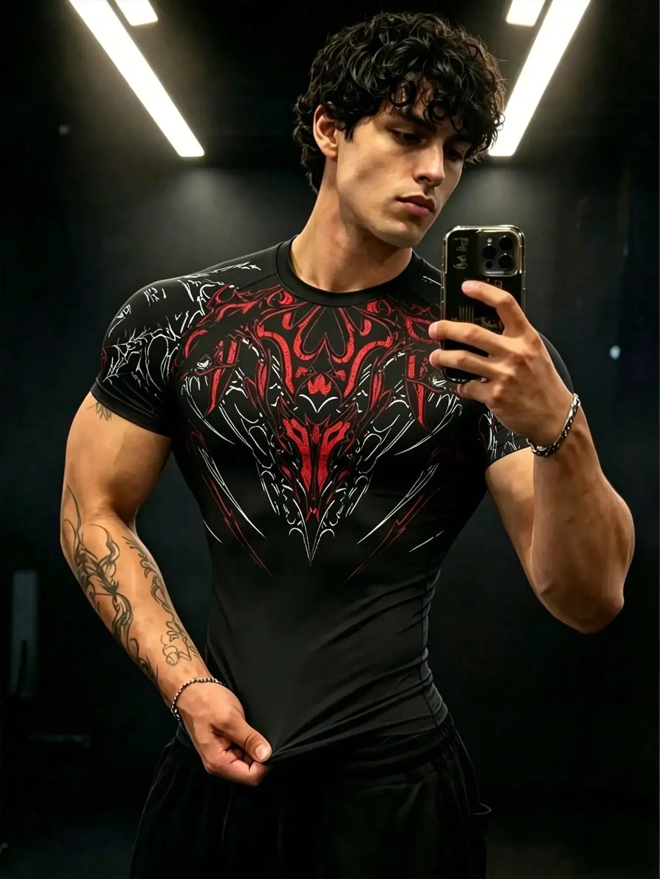 Mens Barbell Print Raglan Short Sleeve Compression Gym T Shirt