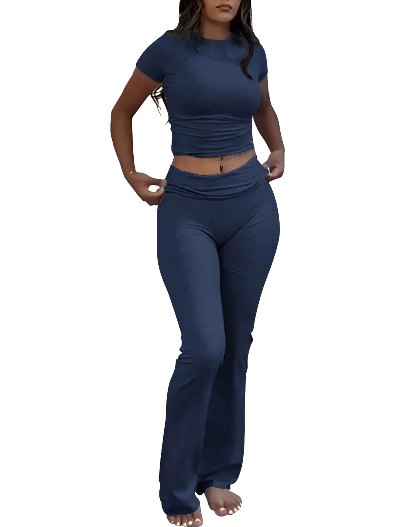 Womens Two-Piece Yoga Set Short Sleeve Top and Flared Pants