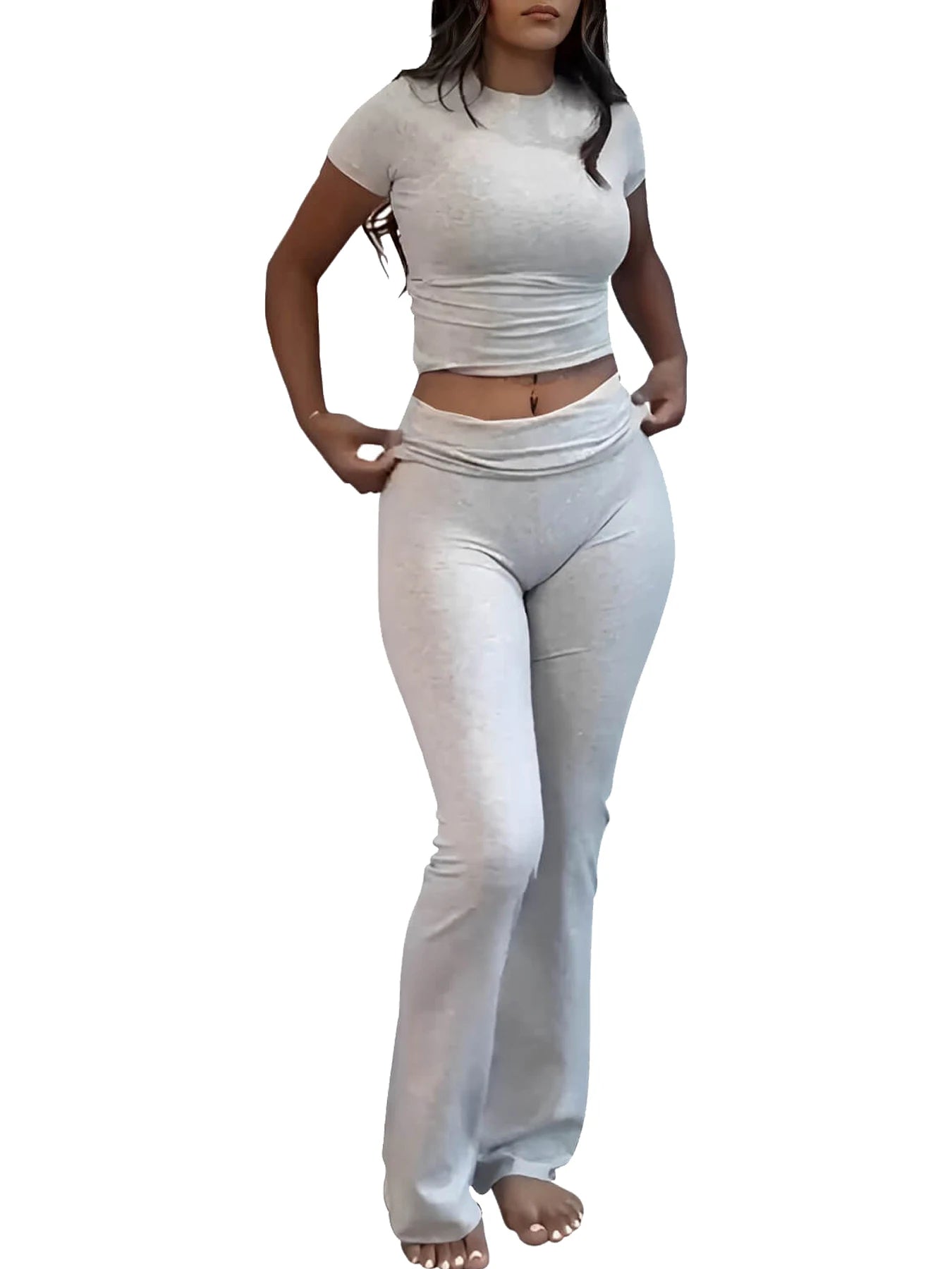 Womens Two-Piece Yoga Set Short Sleeve Top and Flared Pants