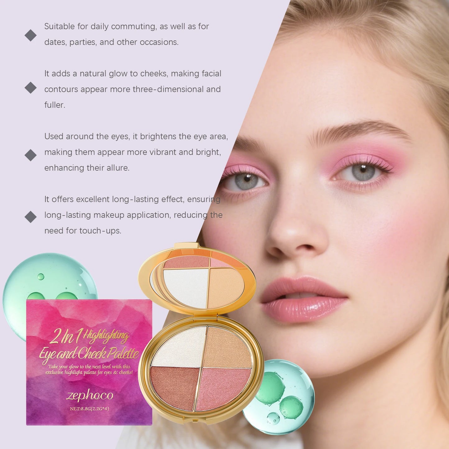 Zephoco 2In1 Highlighting Eye and Cheek Palette Four Colors