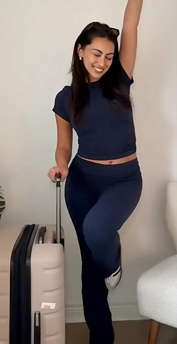 Womens Two-Piece Yoga Set Short Sleeve Top and Flared Pants