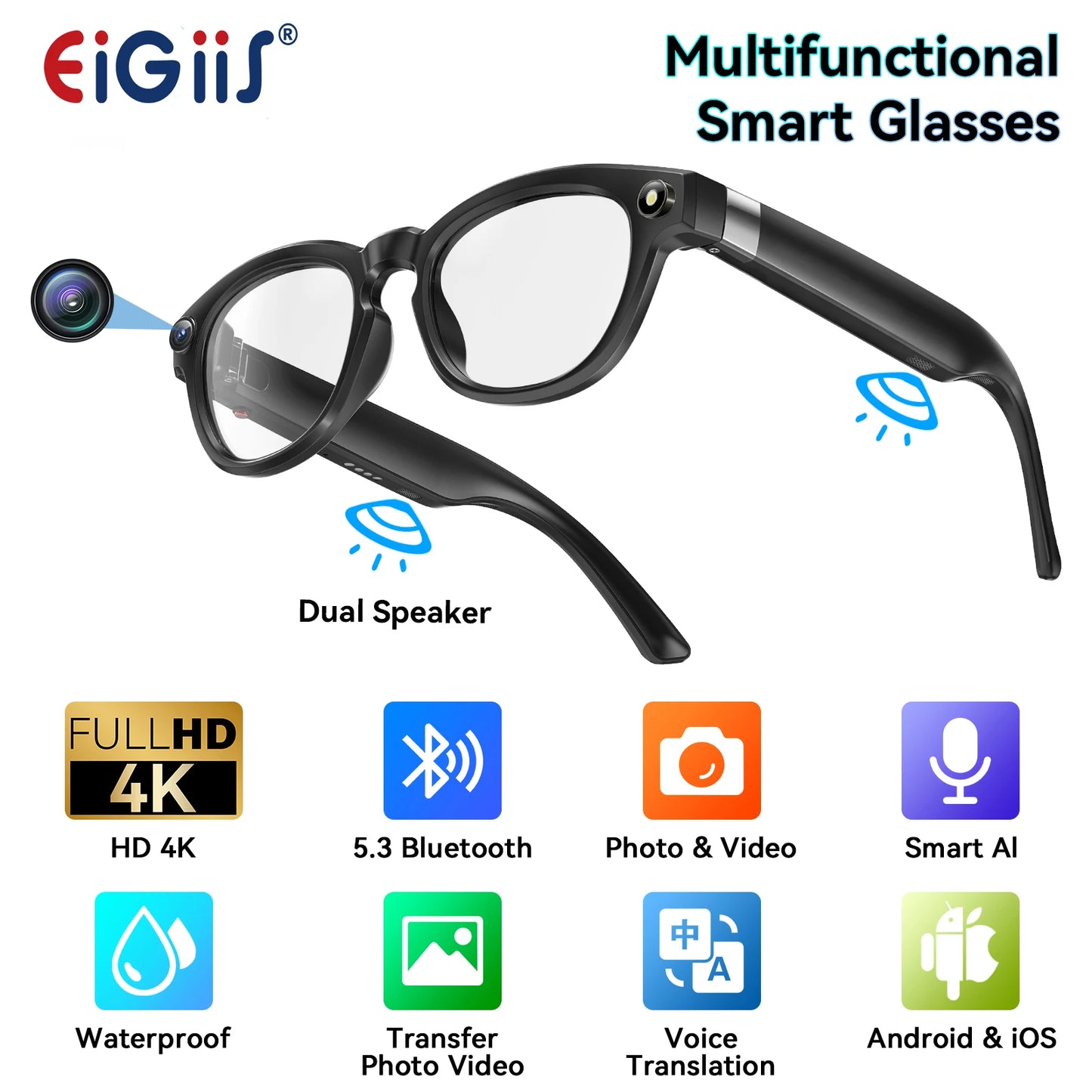 EIGIIS AI Smart Glasses With Bluetooth Calling And Translation