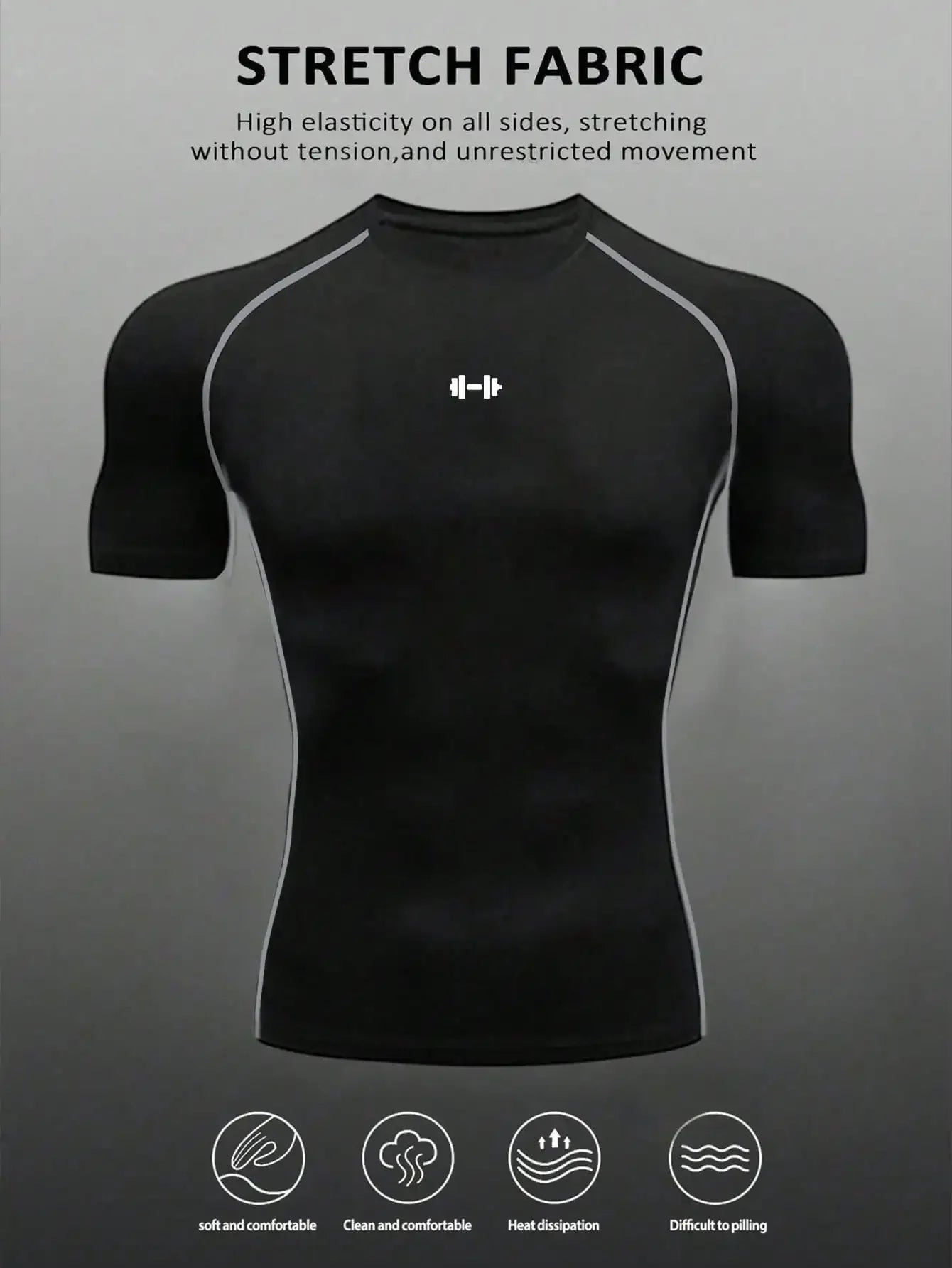 Mens Barbell Print Raglan Short Sleeve Compression Gym T Shirt