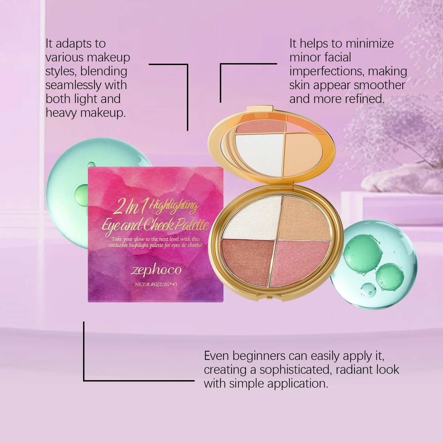 Zephoco 2In1 Highlighting Eye and Cheek Palette Four Colors
