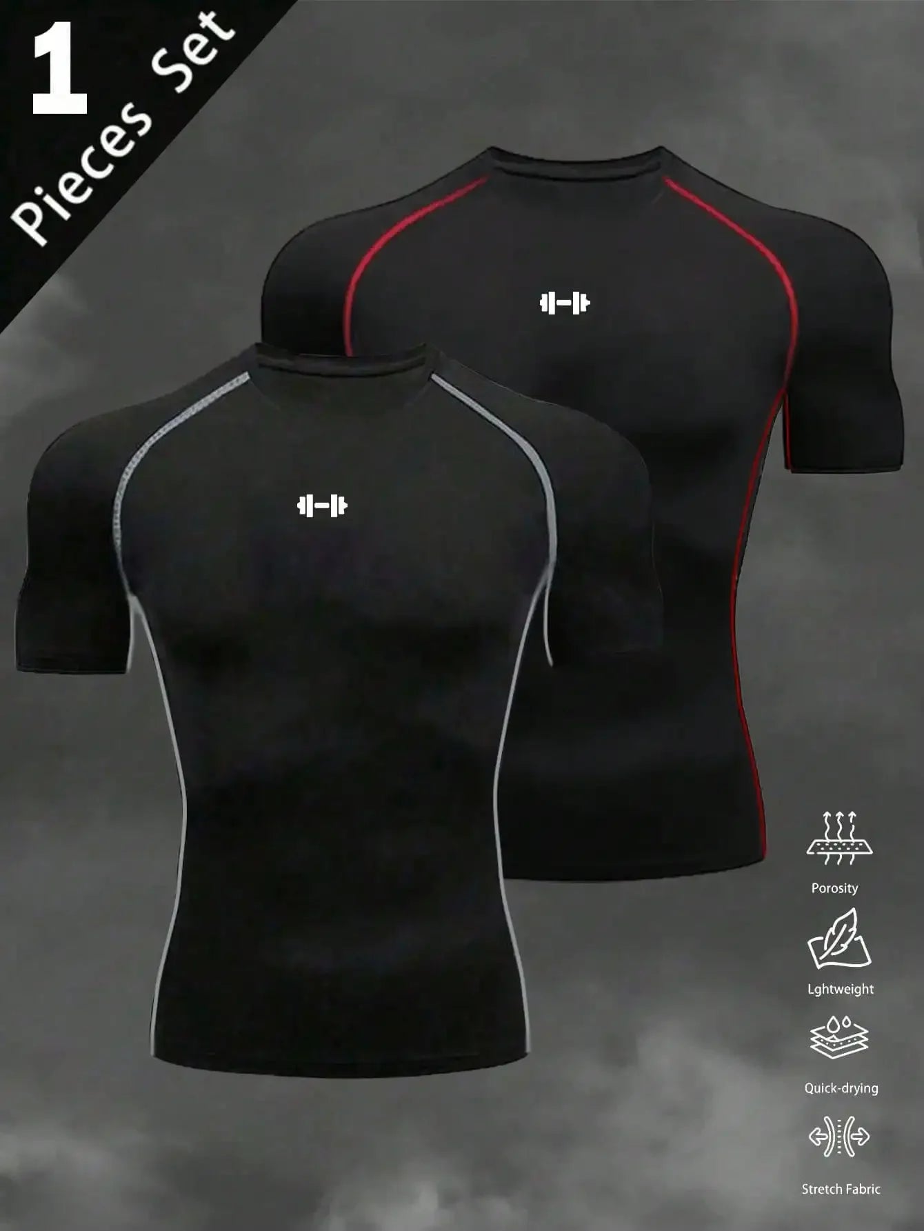 Mens Barbell Print Raglan Short Sleeve Compression Gym T Shirt