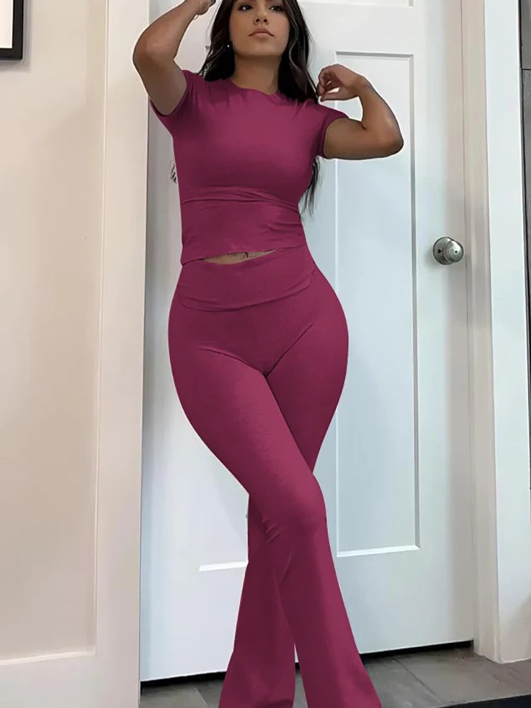 Womens Two-Piece Yoga Set Short Sleeve Top and Flared Pants