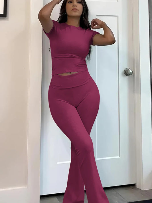 Womens Two-Piece Yoga Set Short Sleeve Top and Flared Pants