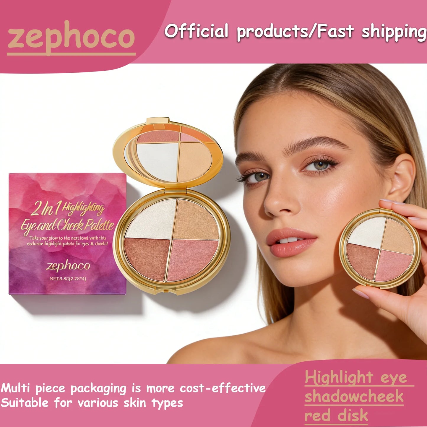 Zephoco 2In1 Highlighting Eye and Cheek Palette Four Colors