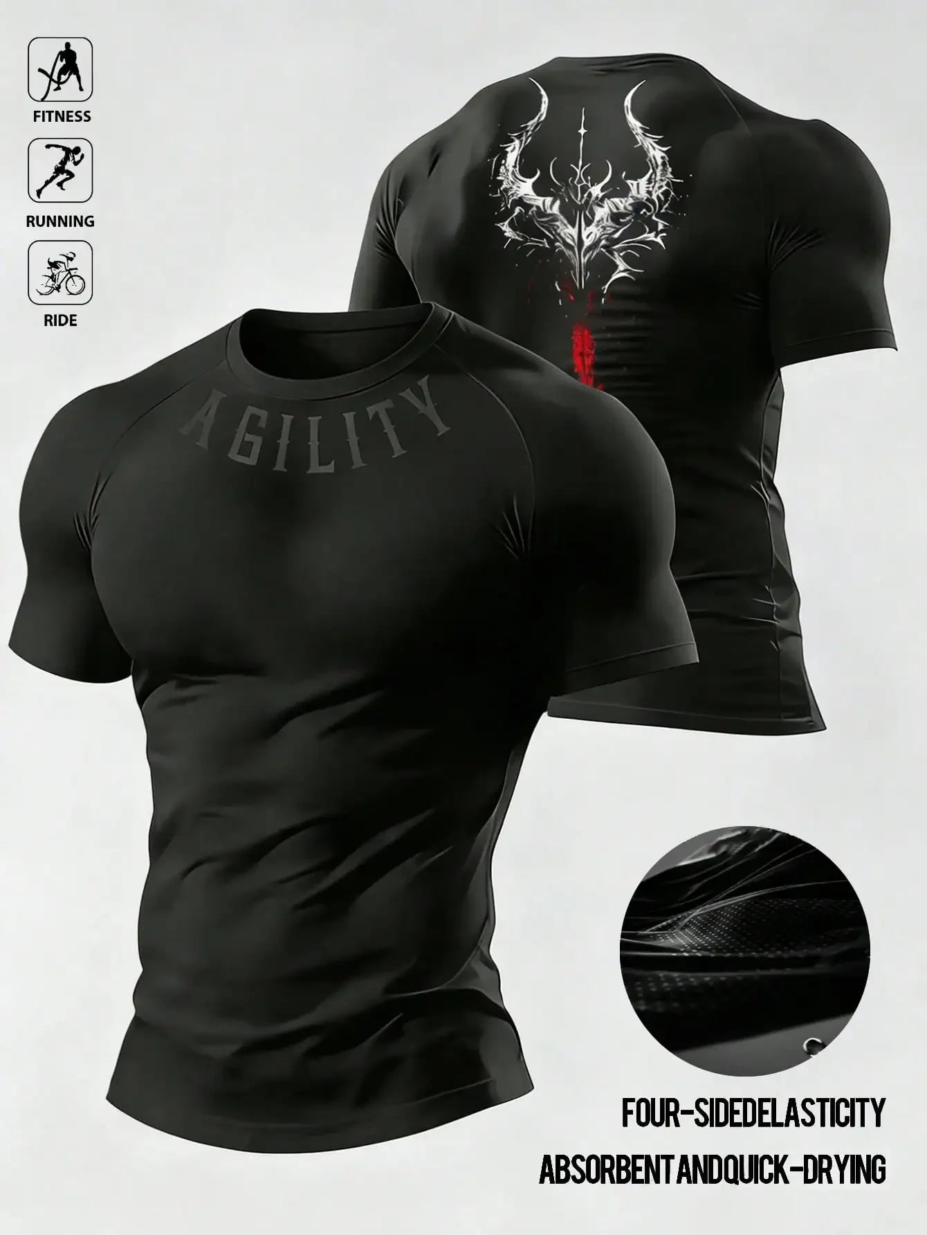 Mens Barbell Print Raglan Short Sleeve Compression Gym T Shirt
